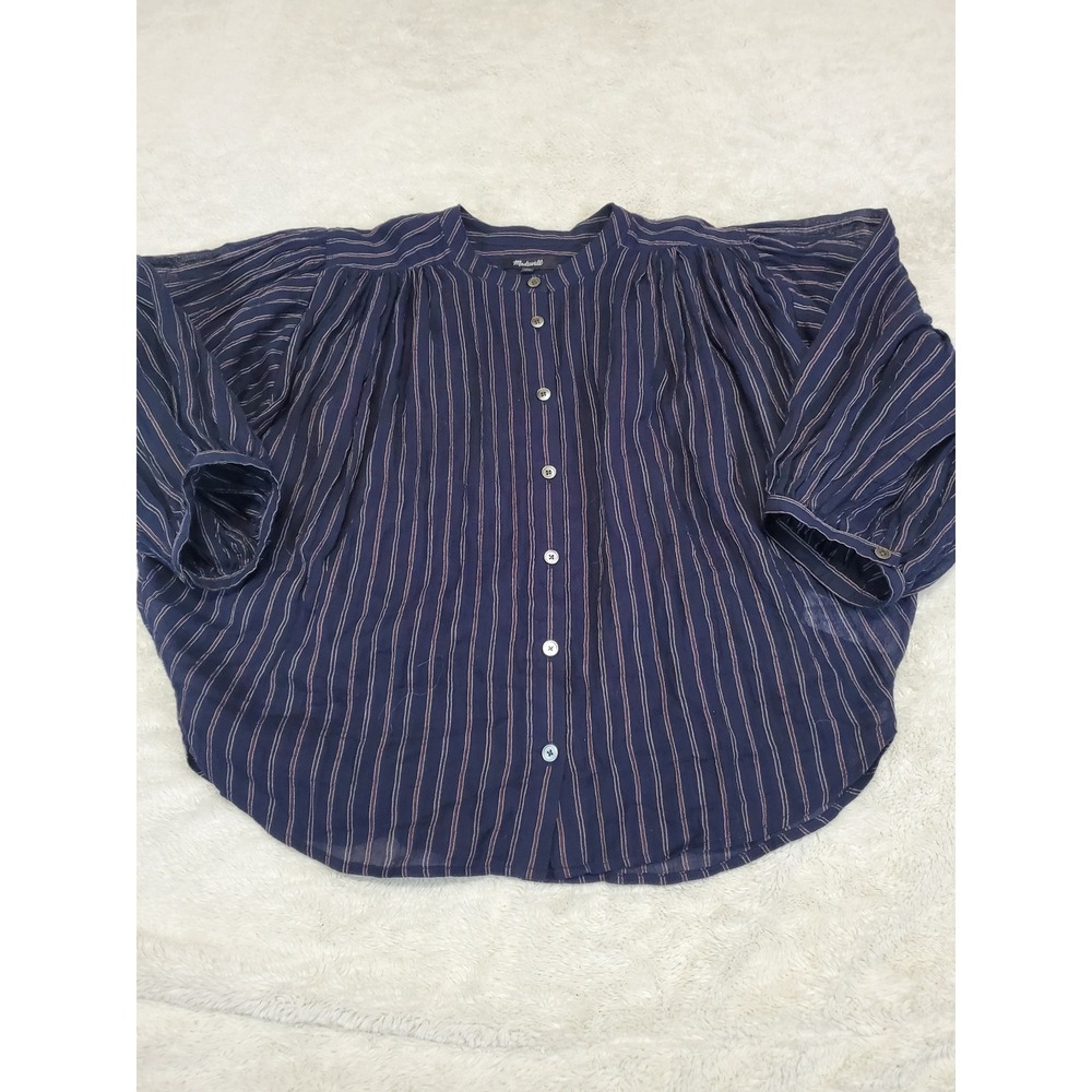 Madewell Navy Blue Pinstripe Flowy Balloon Sleeve Button Top XS Modest Romantic